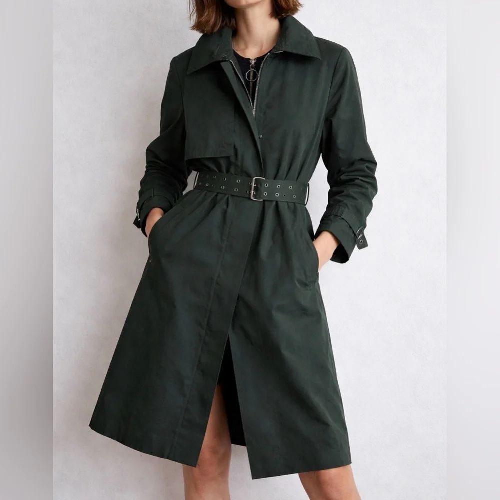 ZARA WOMAN Trench Coat Size S Belted Long Jacket Minimalist Classic Chic Green